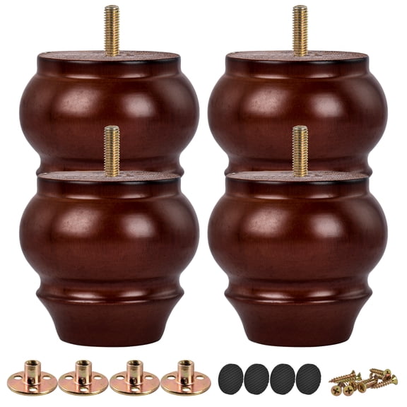 TCHOSUZ 4 inch / 9cm Wooden Furniture Legs, Pack of 4 Brown Solid Wood Turned DIY Replacement Bun Feet with M8 Hanger Bolts & T-Nuts or Sofa Couch Cabinet Recliner Ottoman Riser