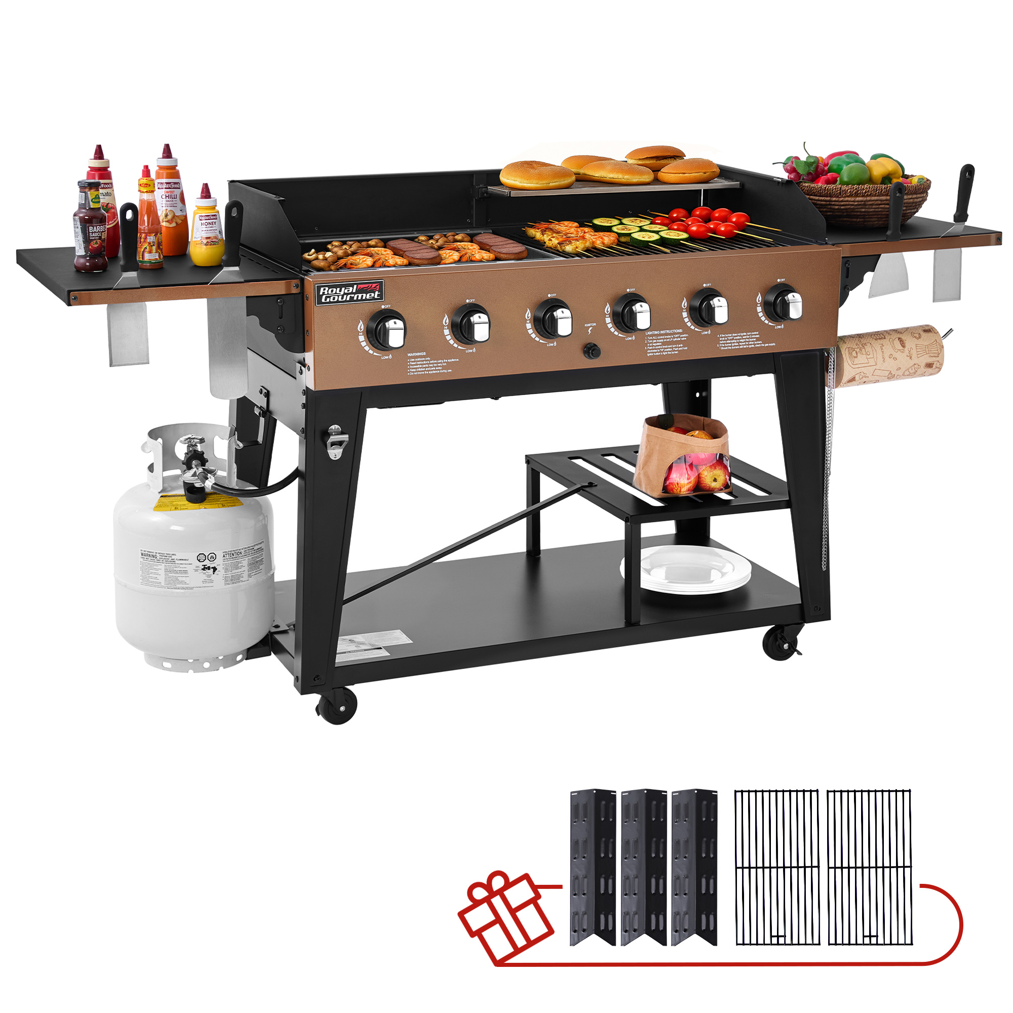 Royal Gourmet GD601Y 6-Burner Gas Grill and Griddle Combo, 2-in-1 Large Cooking Capacity Propane Grill & Griddle for Back Yard, Garden, Family Party, BBQ, Yellow