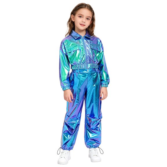 iiniim 2Pcs Girls Dance Outfits Jazz Hip Hop Dance Metallic Cropped Jacket Pants Set Modern Dancewear Blue 10