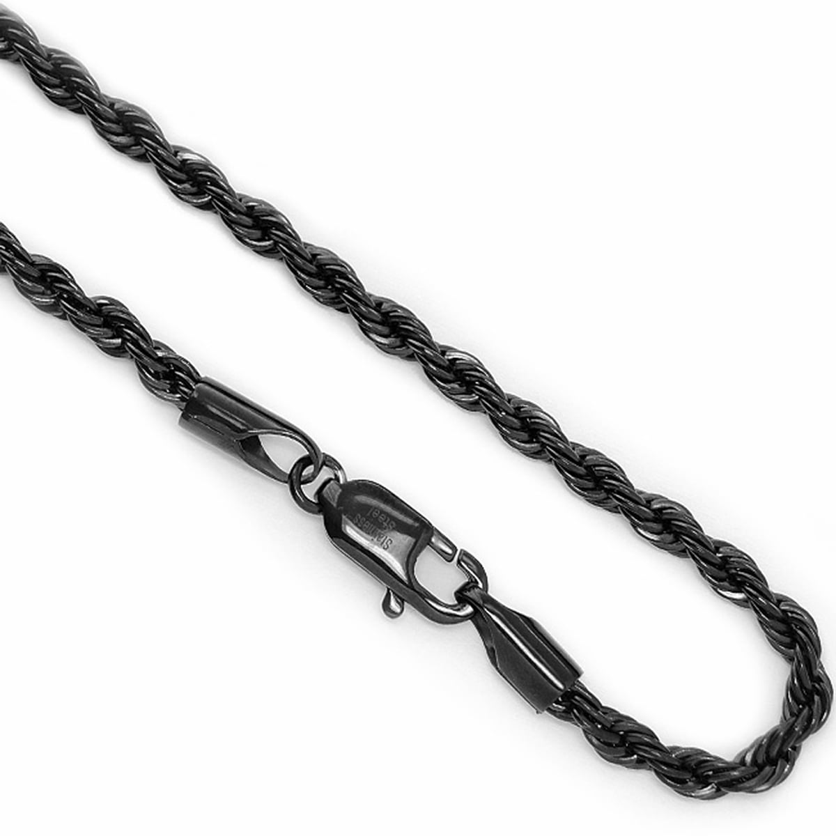 Black Plated Stainless Steel Men's Rope Chain Necklace 4MM 24" Lobster Lock by RingWright Co