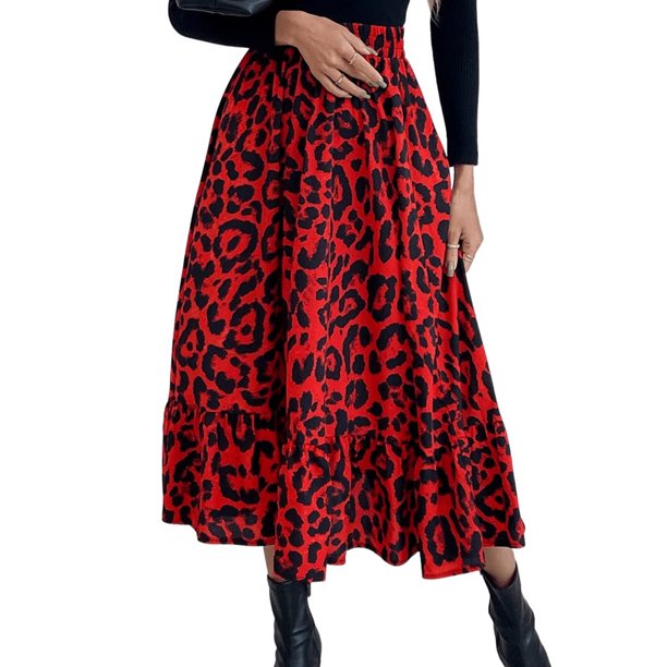 Mujer Falda a media pierna con vuelo Adultos Cintura alta Falda con volantes Verano Leopardo / Estampado de flores Falda (Rojo-M) Nituyy Falda-GLKJ5384-FF88671B2