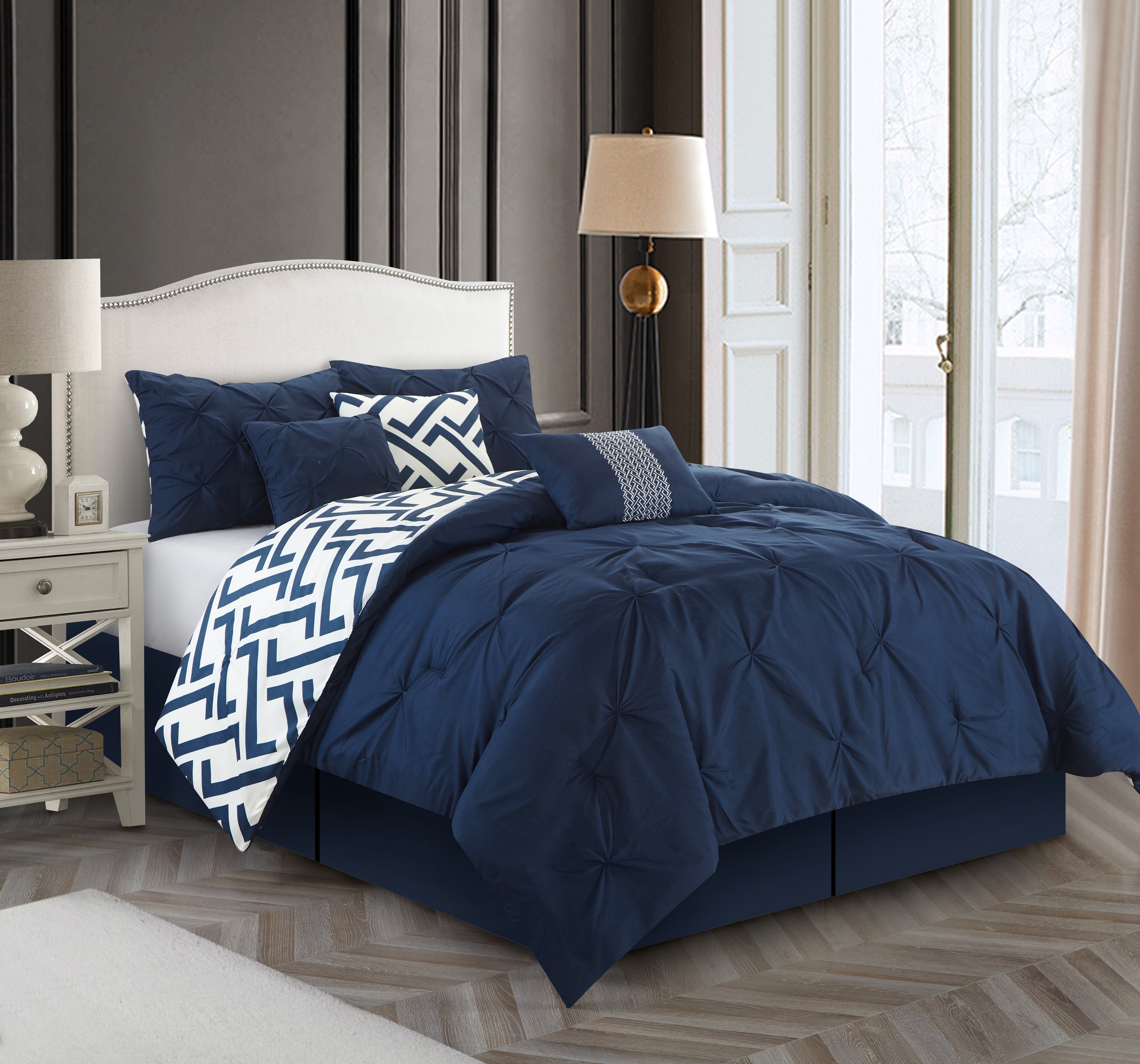 Lanco Liam Chevron 7-Piece Reversible Comforter Set, Navy, Queen, 100% ...