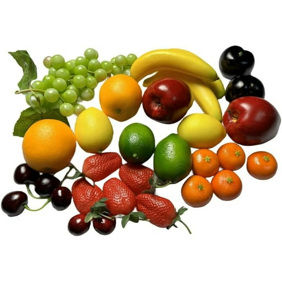 27pcs Fake Mixture Fruits for Home Decor, Artificial fruit Decorations, Faux Artificial Lemon Grapes Banana Orange Red Apple Black Plum fake strawberry plastics cherry