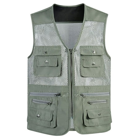 JUUYY Men s Mesh Fishing Vests Photography Work Multi-Pockets Utility Waistcoat Outdoors Journalist s Sleeveless Jacket Green XXL