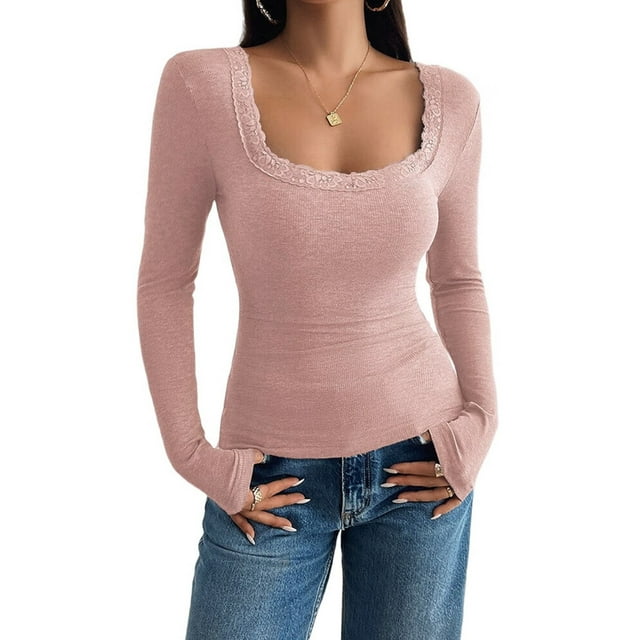 Womens Long Sleeve Shirts Square Neck Ribbed Knit Crop Tops Fall Outfits Fashion Clothes Lotus Root Pink M