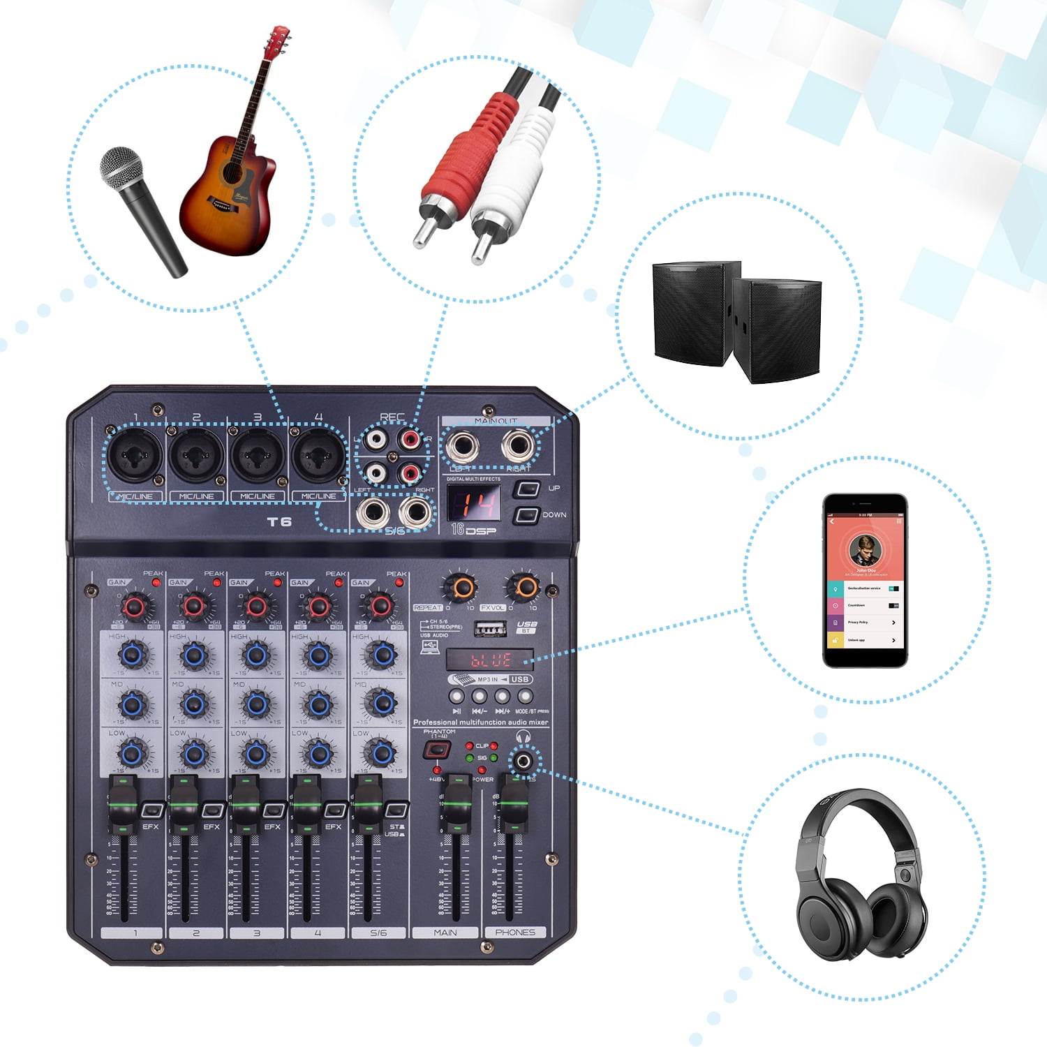 Mixing Console, Bt Mp3 Dj Network Live Built-in 16 48v Function 5v Portable 6-channel Sound 6-channel Sound Console 16 48v Mp3 Player Function Player Function 5v Eryue Wotao