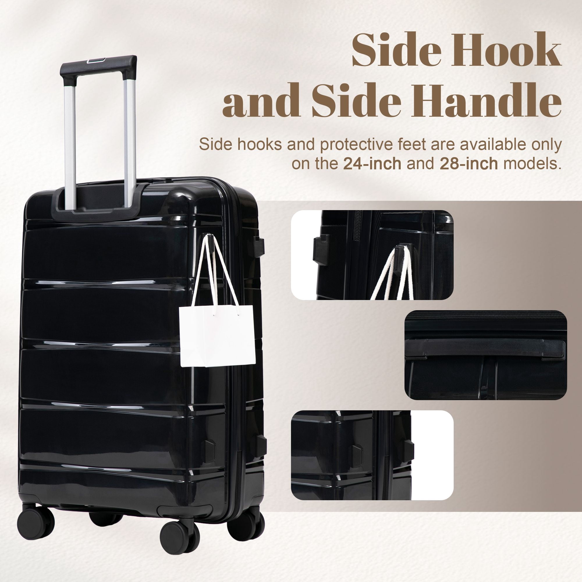 Alvantor 3 Piece Hardshell Luggage Set PP Hardside Suitcase with Iron Telescopic Handle Side Hook 20"24"28"(Black)
