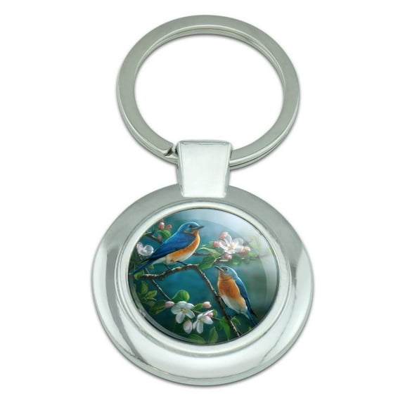 Eastern Bluebirds Blue Birds Thrush Classy Round Chrome Plated Metal Keychain