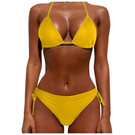 

QWERTYU Halter Babydoll Lingerie Set for Women 2PCS Sexy String Lingerie Teddy Bikini Set Bra and Panty Sets Yellow S