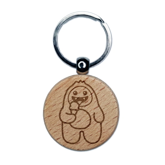 Yeti Abominable Snowman Eating Ice Cream Round Keychain Charm Tag - Engraved Wood