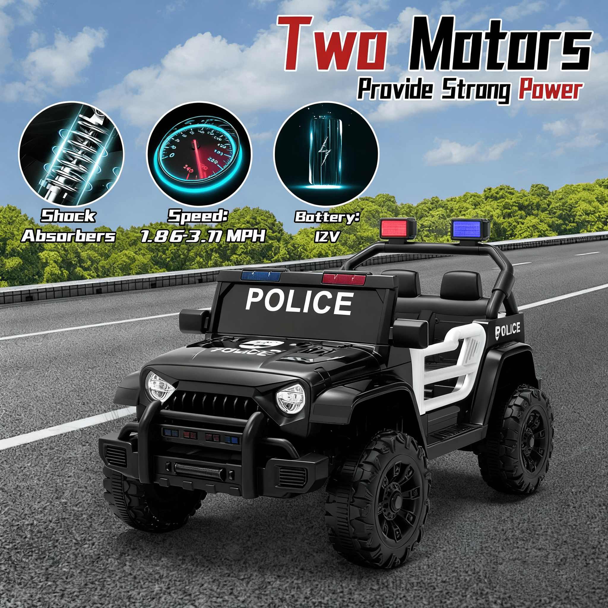 Xuanlur 12V Kids Ride on Car with Remote Control, Ride on Toys w/ Dual Drive, Four-Wheel Suspension, Bluetooth Music, LED Lights, USB, Shock Absorption, Toys Car for Kids Aged, Black Police Car