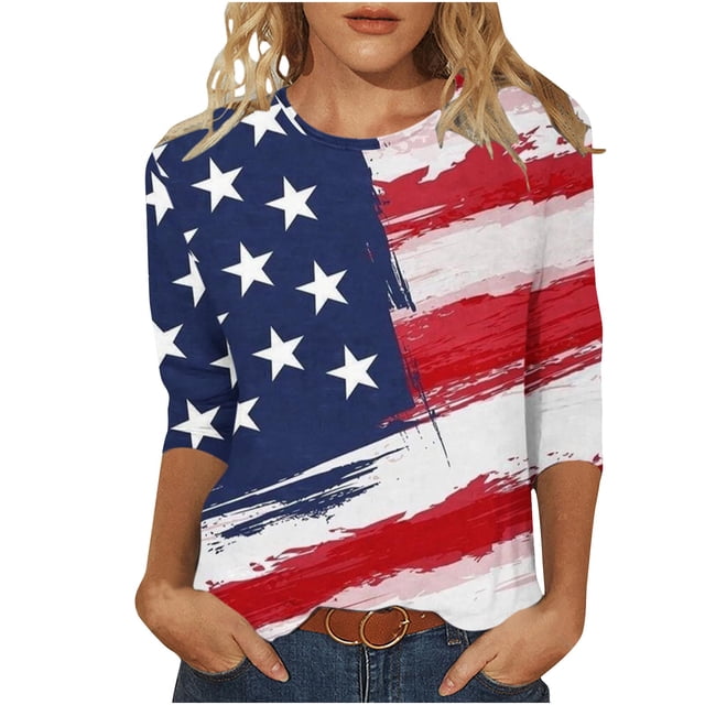 Camiseta de Manga Superior de 3/4 de Cuello Redondo de Impresión Casual de las Mujeres, Camisetas Casuales de las Mujeres para Primavera Verano