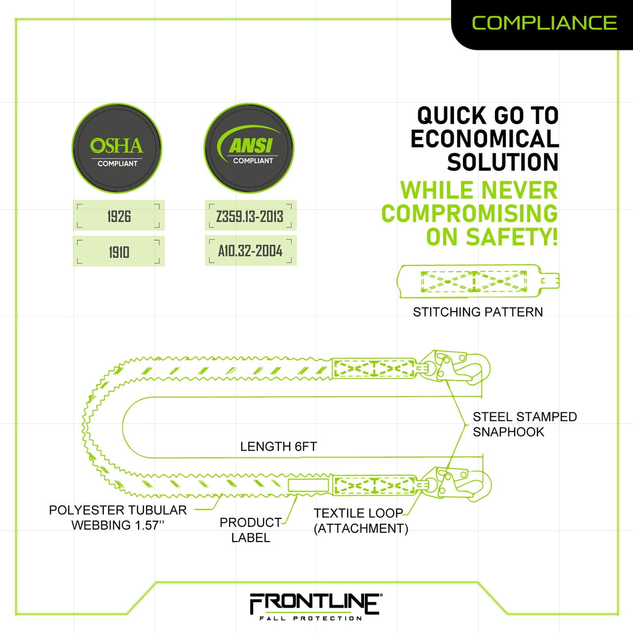 Frontline LIS61S 6' Single Leg Snap hook Lanyard with Internal Shock Absorber
