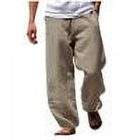 ZQUUVOU Men's Cotton Linen Pants Drawstring Multi Pocket Solid Trousers Relaxation Length Pants Beige