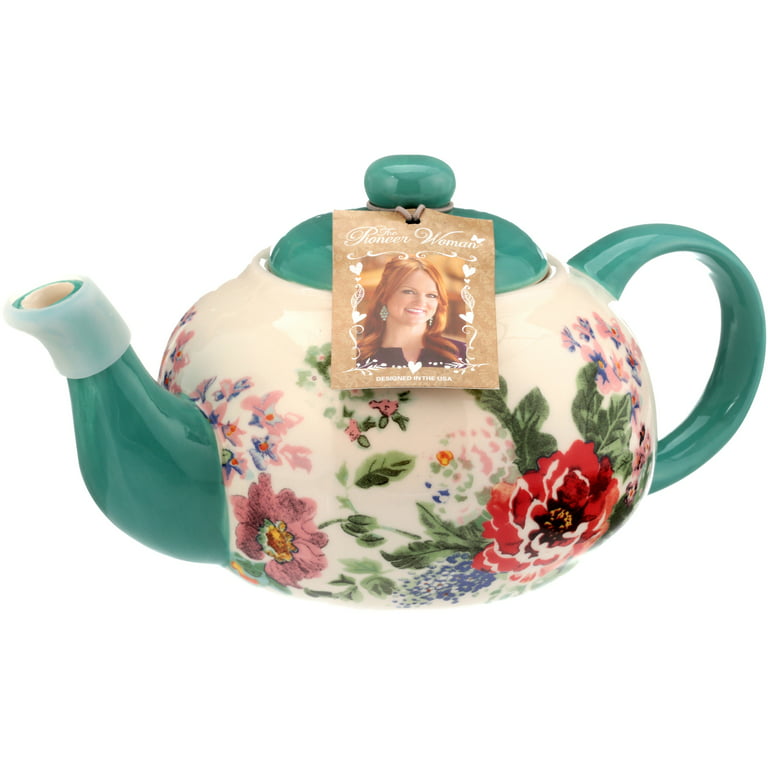 The Pioneer Woman Kari 2.4-Quart Tea Pot, Coffee Pot Tiffany Blue Florals