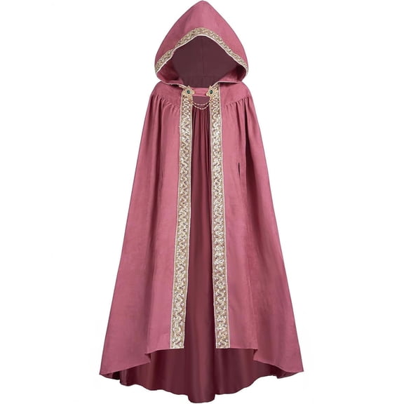 UTSJKR Men’s Hooded Medieval Renaissance Cloak, Ornate Lace Trim Full‑Length Cape, Open Front Flowy Robe for Fantasy Cosplay and Themed Festival Gathering Pink