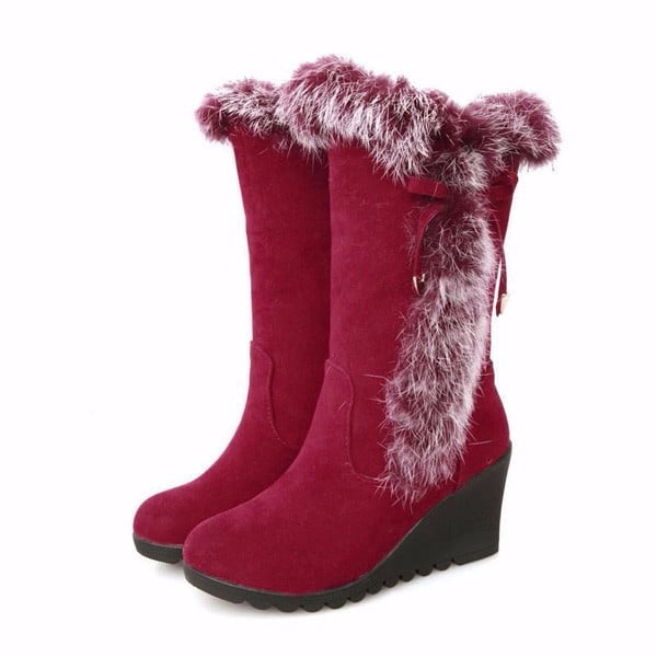 Women Lady Fur Trim Mid Calf Snow Wedge 