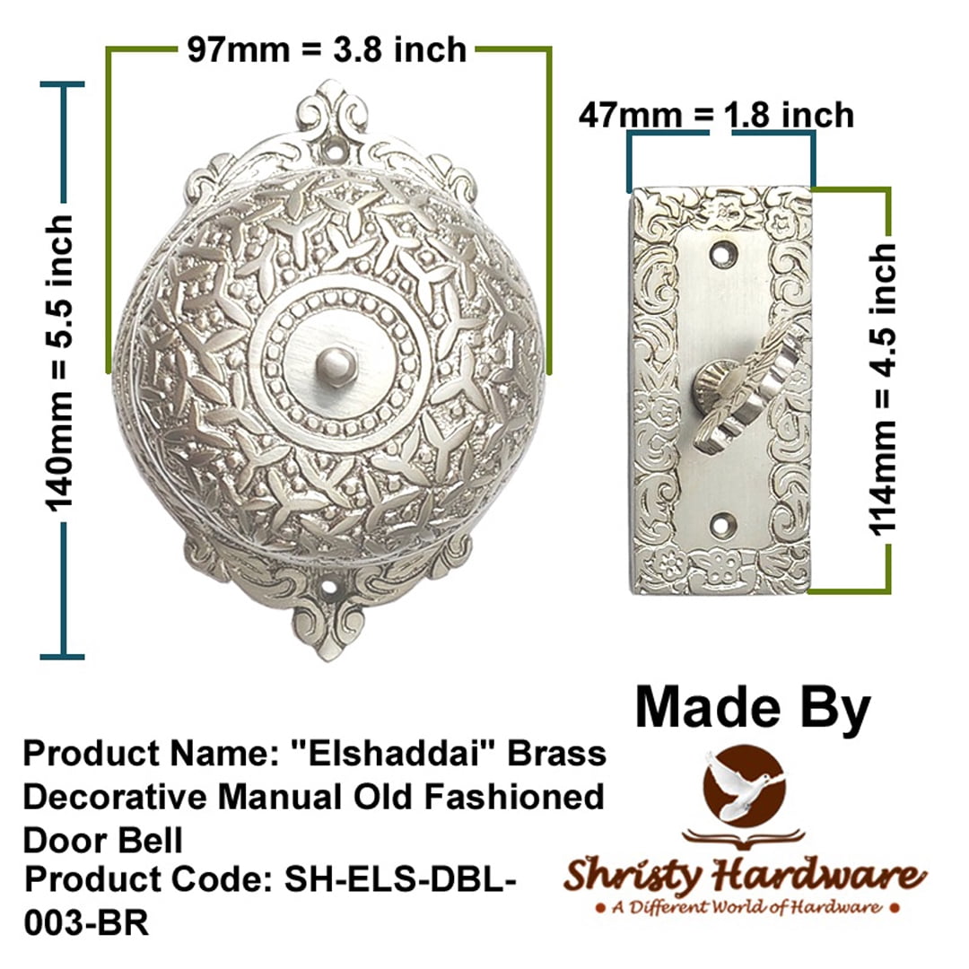 Shristy Hardware "Elshaddai" Brass Manual Old Fashioned Door Bell – Vintage Twist Bell with Key Plate – Mechanical Doorbell for Home – (Pack of 1 Satin Nickel Finish)