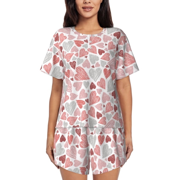 Fotbe Hand Drawn Hearts Conjunto de Pijama Estampado para Mujer, 2 Piezas, Ropa de Dormir con Camiseta de Manga Corta y Shorts Suaves-X-Large