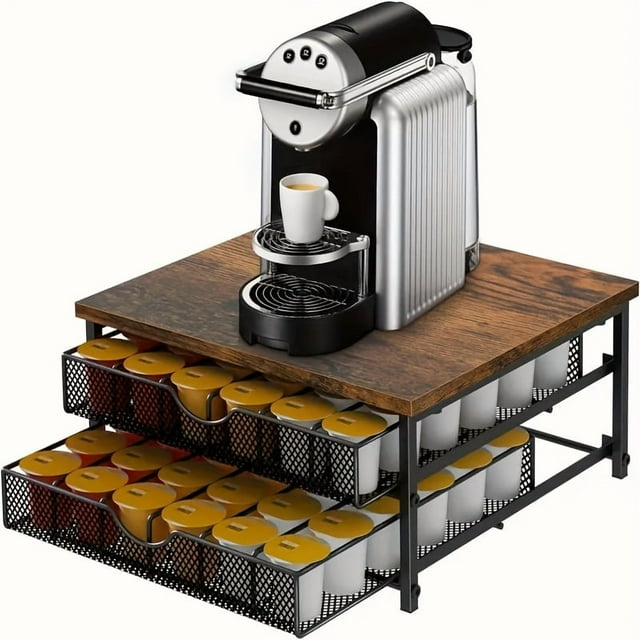 QJUHUNG Counter Coffee Pod Holder K Cup Storage Drawer Holder K Cup Capsule Storage Pod Storage Box Coffee Site Capsule Storage With Sliding Basket Brown