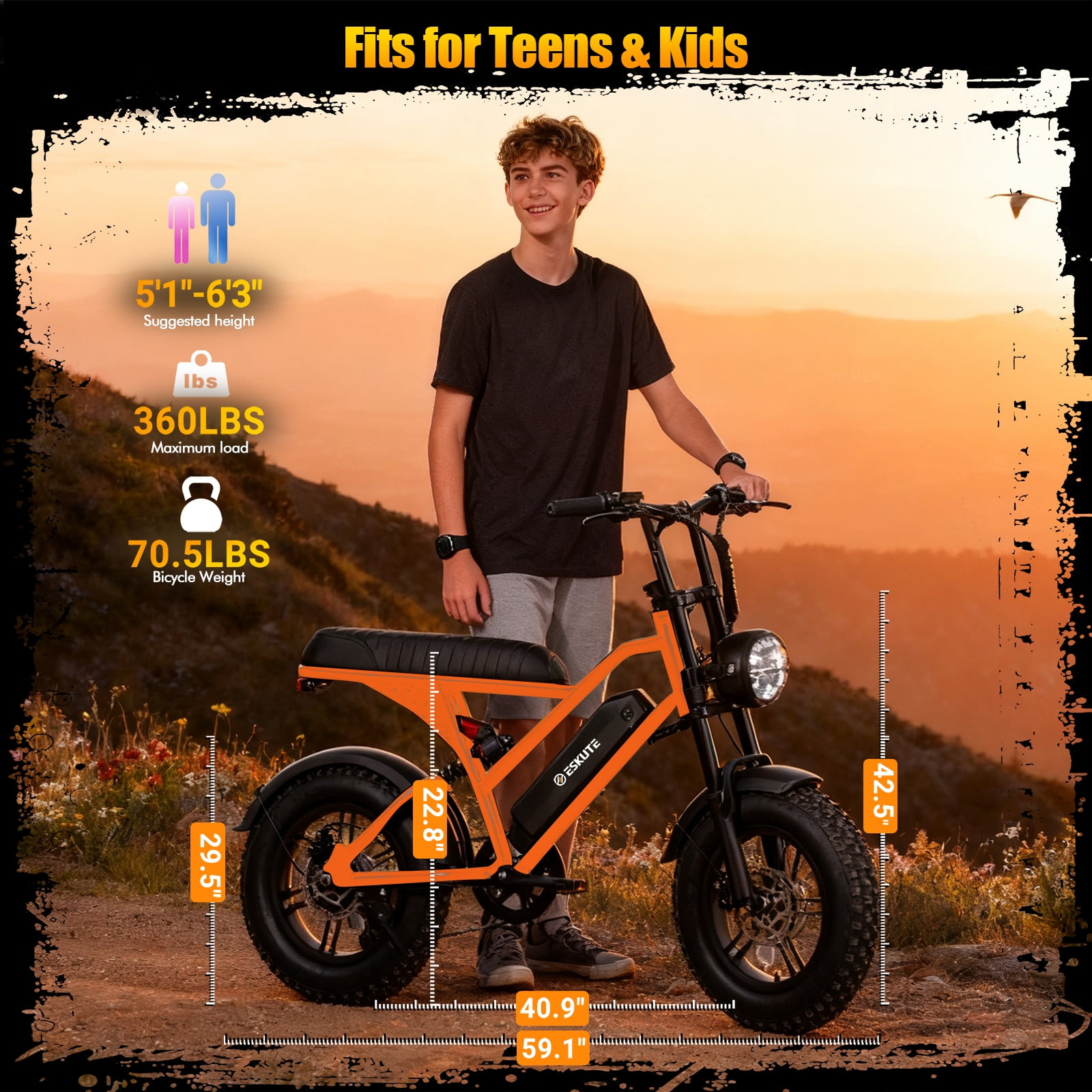 ESKUTE Electric Orange Bike for Adults – 500W Motor 48V 13Ah Battery, 19MPH, 16"x4.0" Fat Tire E-Moped, 7-Speed, Up to 60 Miles, Commuter E-Bike for Adul UL2849