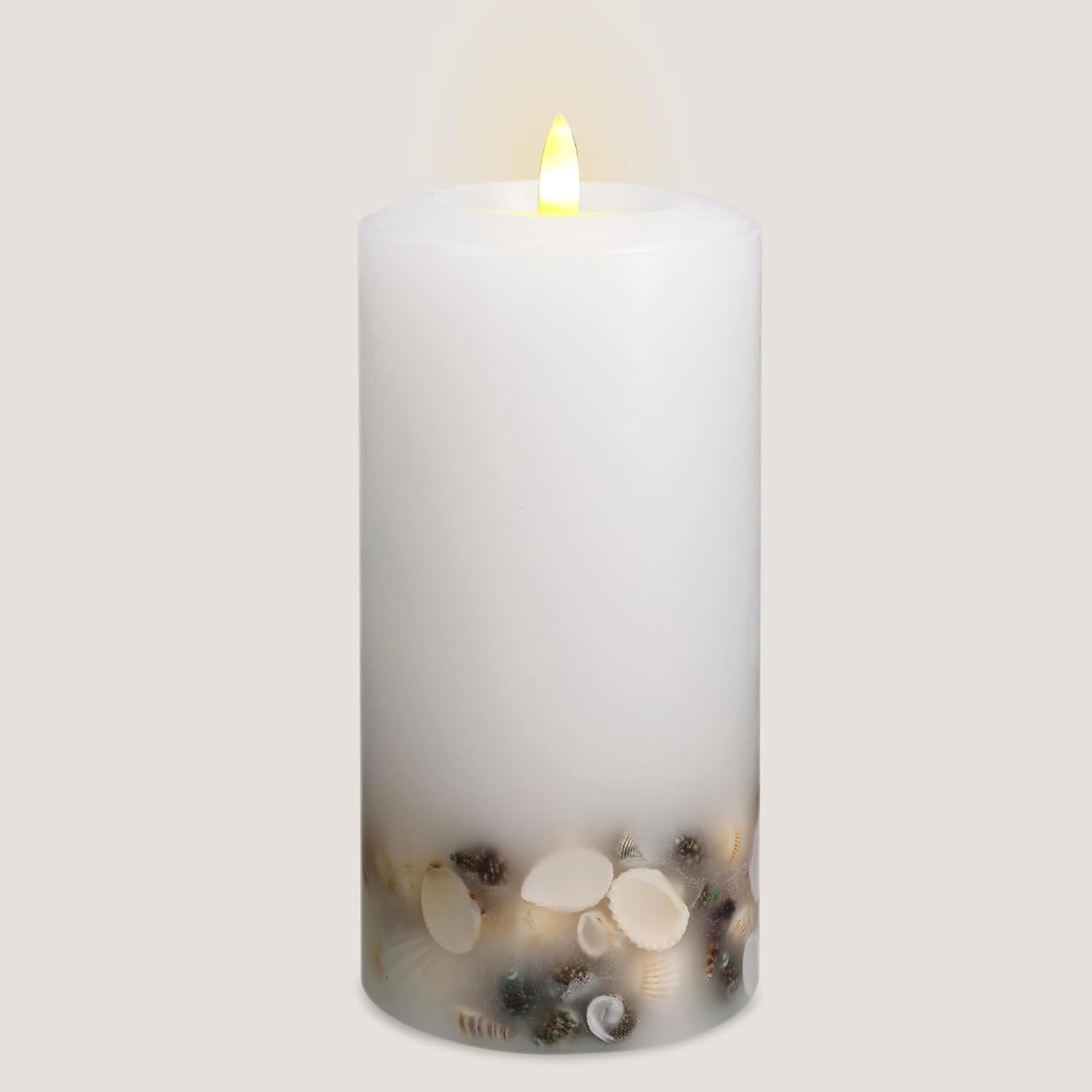 LUMIPUR Signature Coastal Collection Natural Glow Flickering Flameless LED Wax Pillar Candle with Seashell Embed (White, 3.5" x 7")