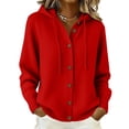 thumbnail image 2 of Women Hooded Button Front Knit Cardigan Top Drawstring Long Sleeve Loose Soft Sweater, L, 2 of 9