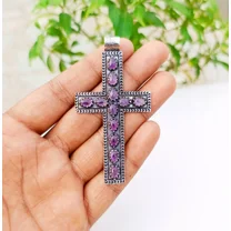 Amethyst Cross Pendant 925 Sterling Silver Handmade Gemstone Jewelry 2.83"