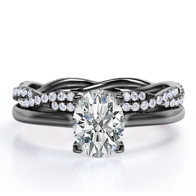 JeenMata Juego de 4 Puntas - Forma Ovalada de 1,75 Quilates - Juego de Boda con Caña Retorcida Pavé - Baño de Oro Negro de 18 K sobre Plata (Personaliza la Banda de Tu Anillo de Bodas)