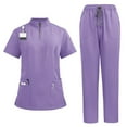 thumbnail image 2 of HKYNLAG Scrubs Set for Women Collared Short Sleeve Solid Color Nursing Uniforms with Pockets Light Purple S, 2 of 3