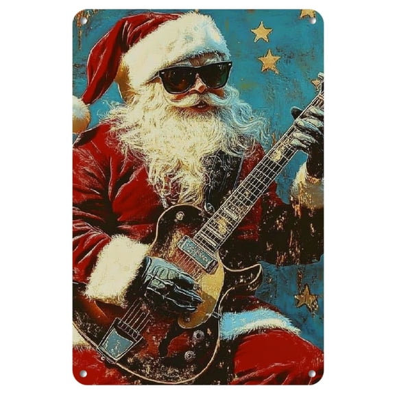 Vintage Rock 'n' Roll Santa Claus Metal Tin Sign, Iron Wall Art Decor for Music Bars, Instrument Shops, Music Studios, Holiday Decorations, Pack of 1, 8x12 Inches