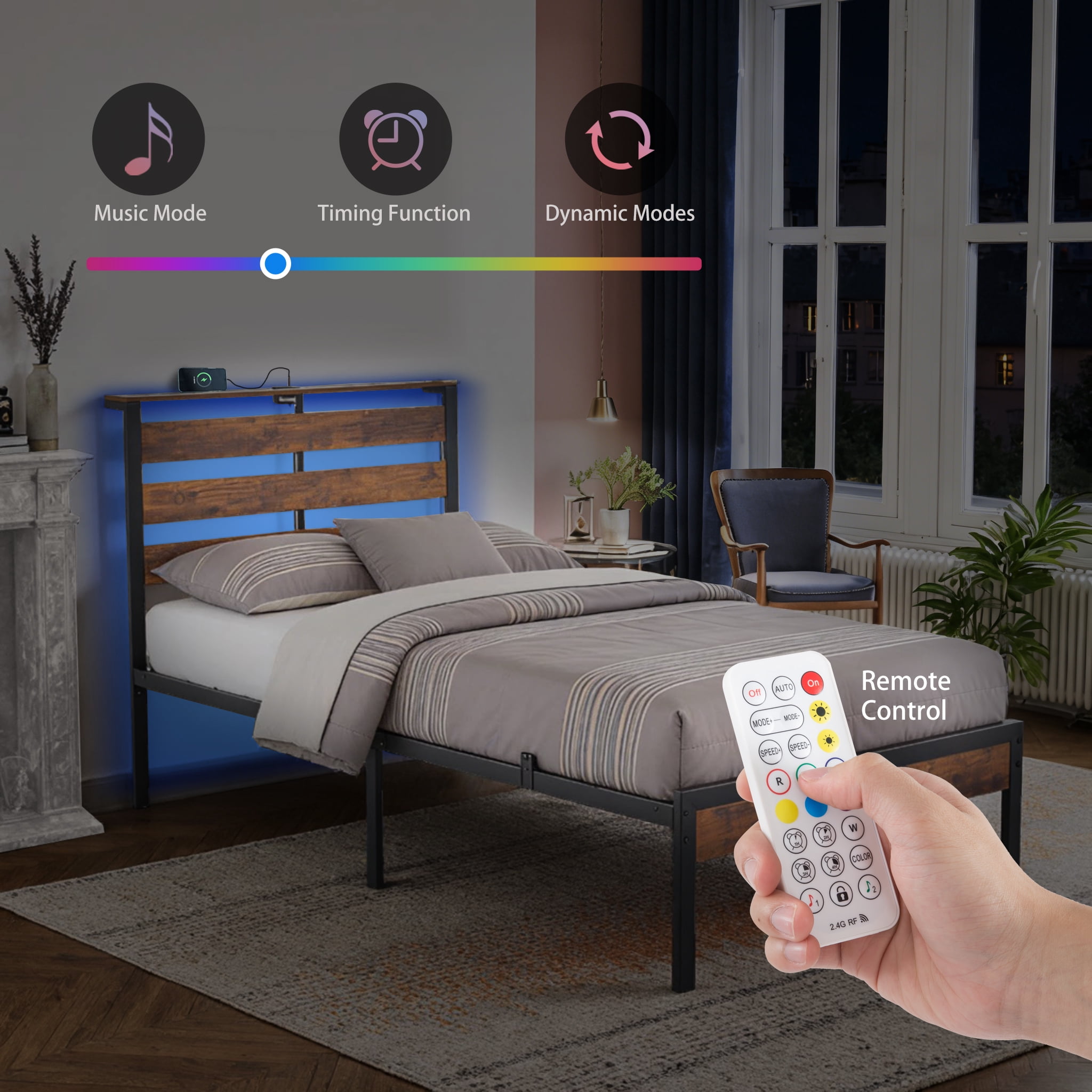 Gewnee TWIN Size Metal Bed Frame with RGB Lights & Charging Station (3 USB + 1 Type-C),Headboard with Shelf,No Box Spring Needed,Under-Bed Storage,Ideal for Bedroom,Dorm,Guest Room