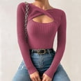 thumbnail image 2 of Twist Front Top Womens Sexy Cutout Ribbed Knit Bodycon Blouses Shirt Long Sleeve Dressy Casual Sweater Pullover (XL, Hot Pink), 2 of 6