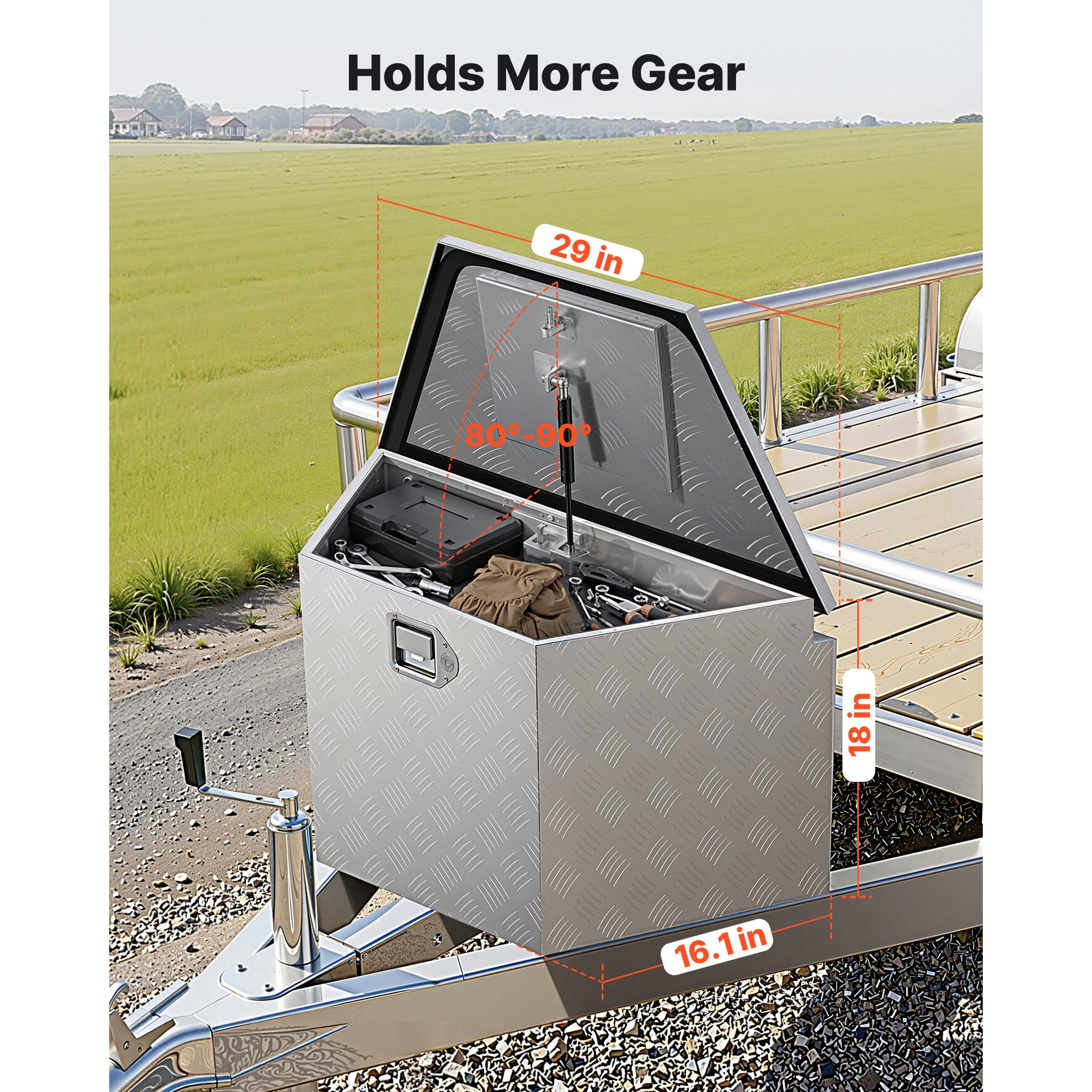 KFFKFF Aluminum Trailer Tongue Tool Box, 29" x 16.1" x 18" Storage Organizer with Lock & Keys, Durable Utility Chest for Truck Bed, RV, SUV, and Off-Road Vehicles, Silver