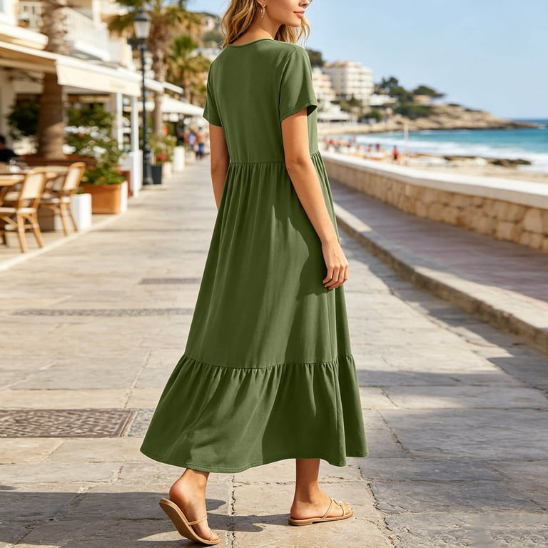 plus size classic dresses Arlun Womens Short Sleeve Maxi Dress Loose Plain Color Casual Summer Flowy Tiered Long with Pockets Crew Neck High Waisted a Size:UK XS / US 2XS