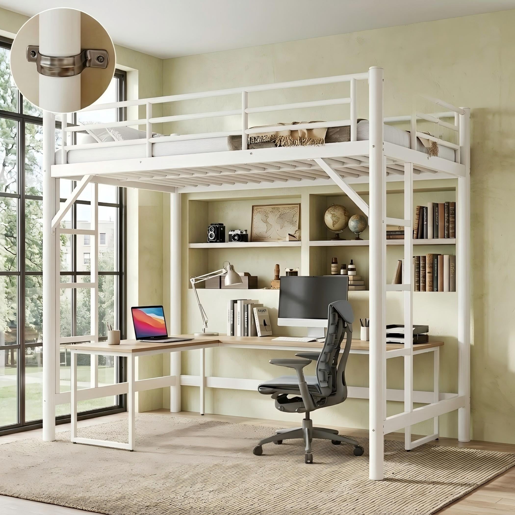 Aukfa Metal Twin Loft Bed with Dual Ladders, Space Saving Bed Frame for Kids, Teens & Dorm Bedroom, White
