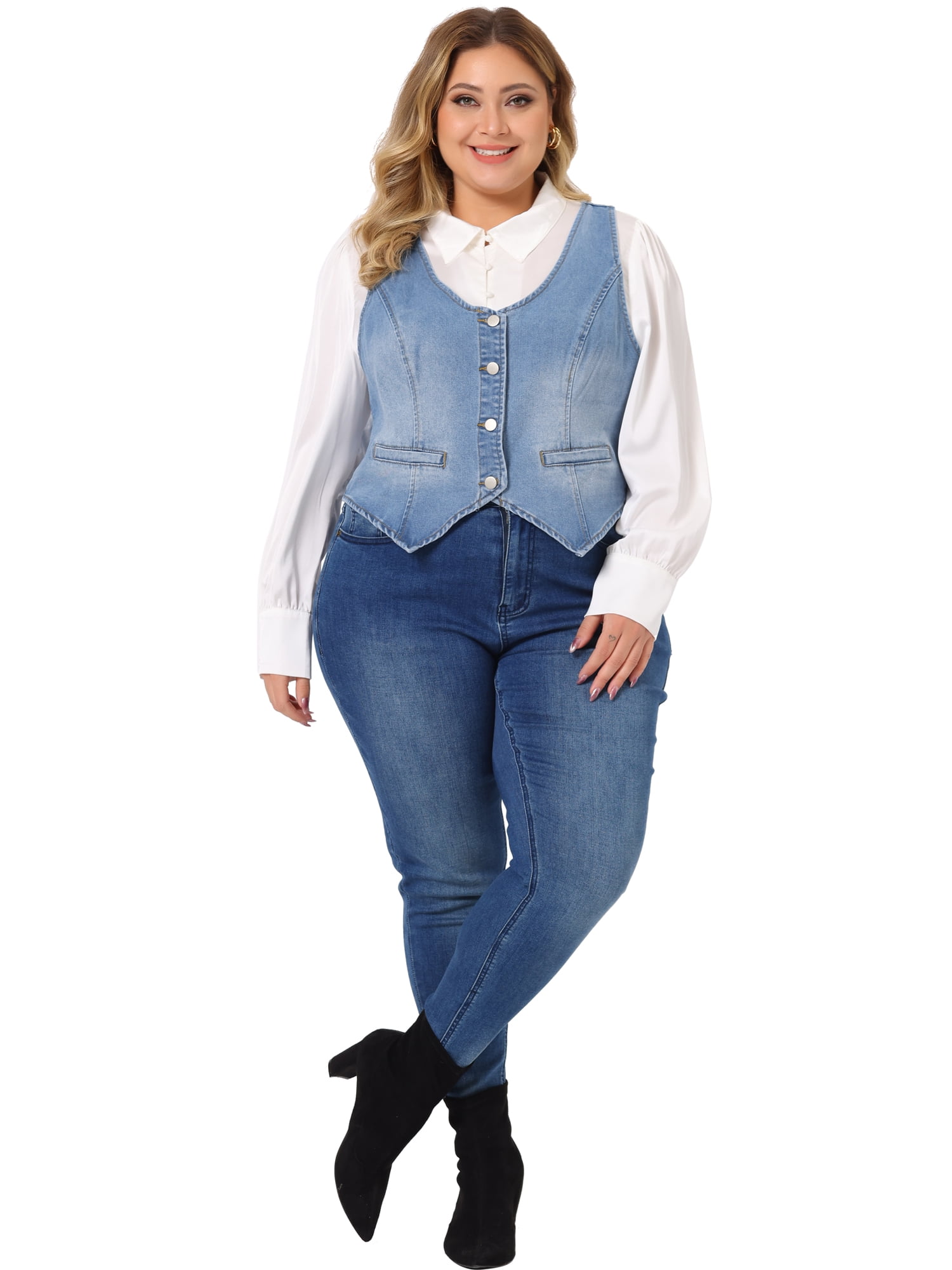 DARING DIVA Women's Plus Size Button Down V Neck Sleeveless Jean Waistcoat 4X Light Blue