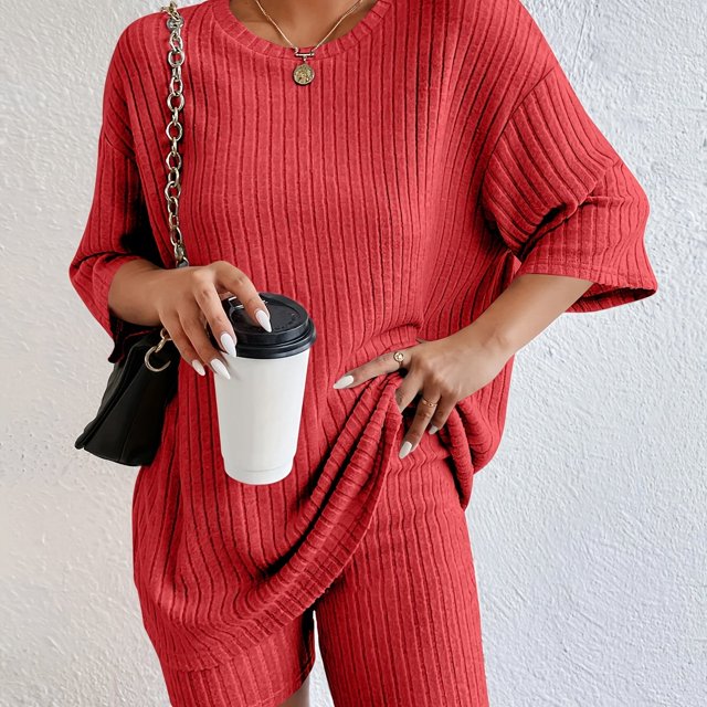 Conjunto De Dos Piezas Acanalado Sólido, Camiseta Extragrande De Cuello Redondo Y Pantalones Cortos Ajustados, Ropa De Mujer