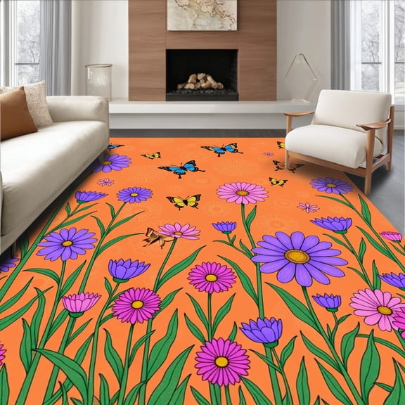 ODIKA 4'x6' Machine Washable Non-Slip Area Rug, Vintage Garden Flora Decorative Accent High Traffic Rug, Orange, 663397