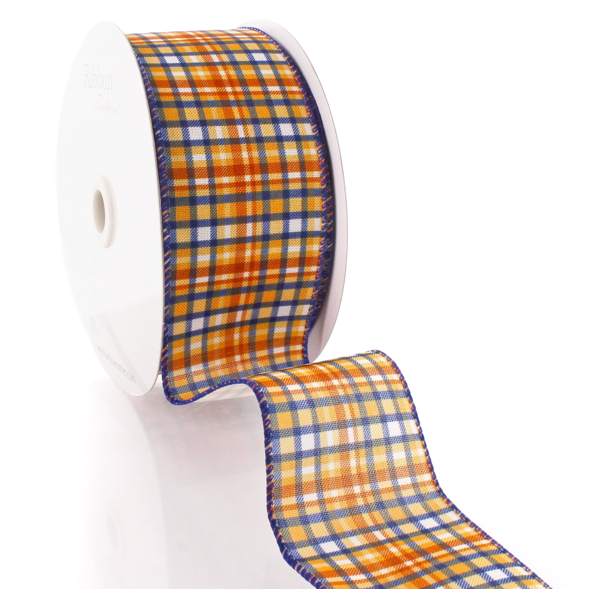 2 1/2" Wired Ribbon Fall Plaid Gold/Navy/Rust Orange 25yds