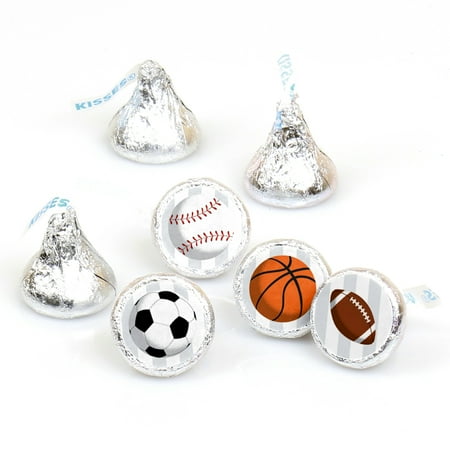 Sports Infant Baby Mobile Shower - Go, Fight, Win - Sports - Baby Shower or Birthday Party Round Candy Sticker Favors - Labels Fit Hershey’s Kisses-108 Ct