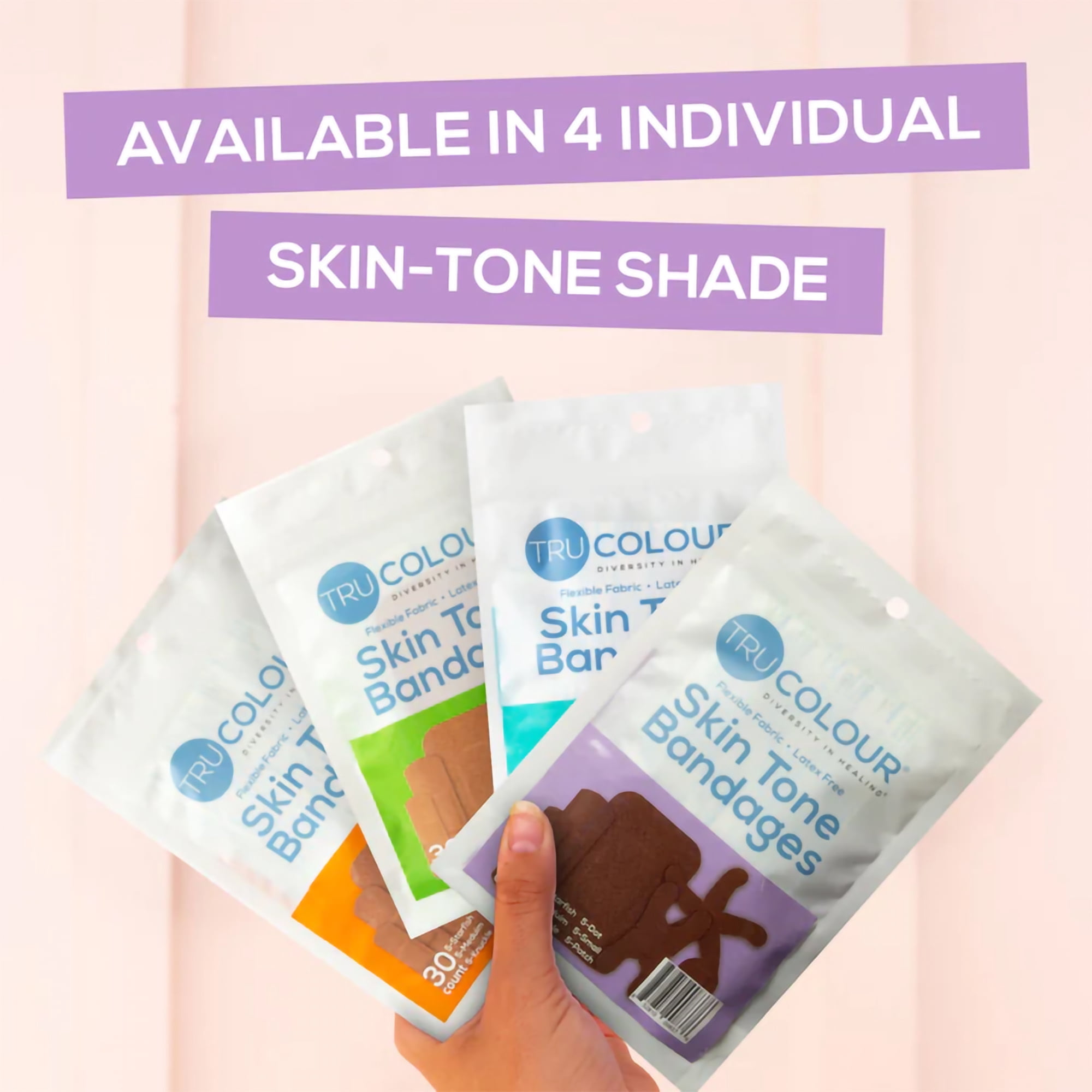Tru-Colour Skin Tone Bandages Variety Pack, Flexible Fabric Adhesive Strips, 4 Pack