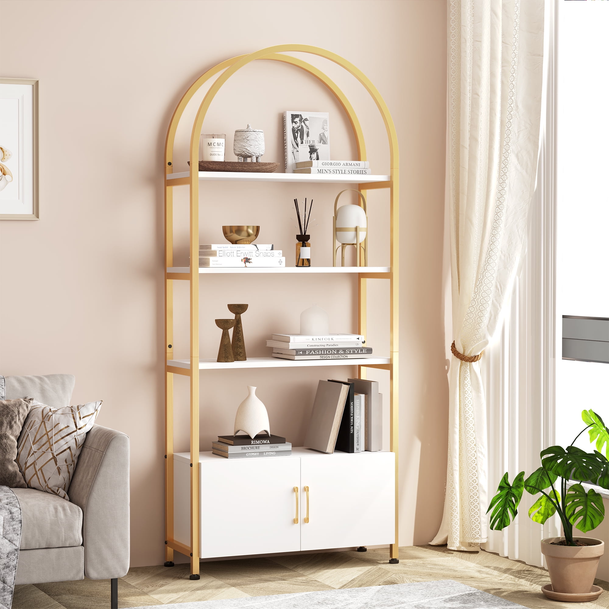 Towallmark 4-Tier Gold Bookshelf with Doors StorageBook Shelf, 71.5“ Tall Arched Book Shelf with Studry Metal Frame and Quality Board for Bedroom Living Room