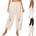 thumbnail image 3 of Women's High Waist Lace Patchwork Boho Pants Elastic Waist Loose Casual Cropped Harem Trousers, 3 of 6