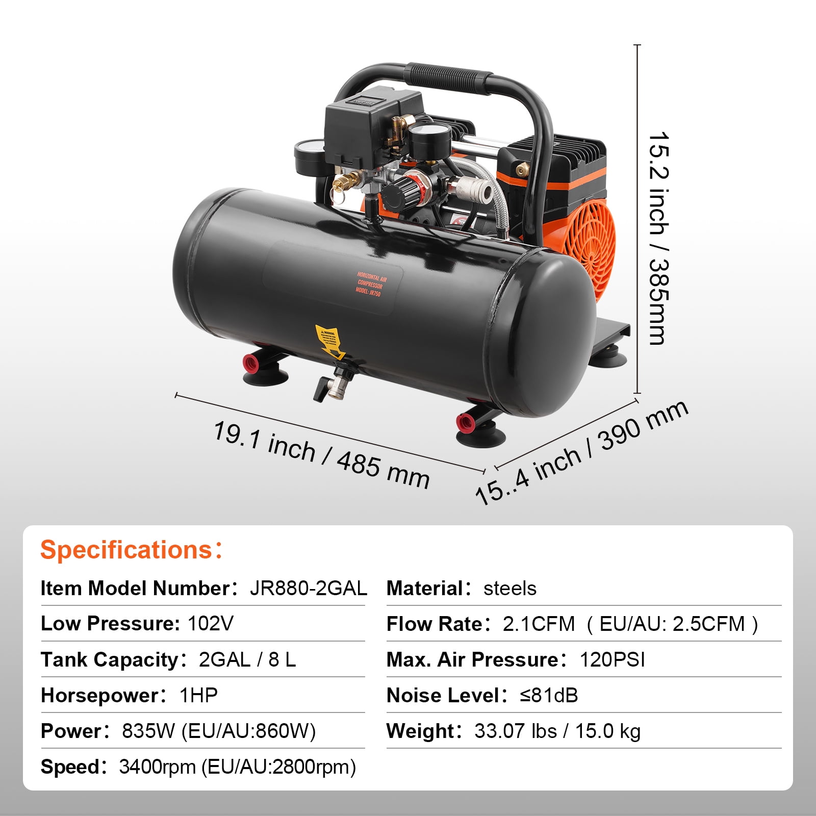 KFFKFF Air Compressor with 2 Gallon Steel Tank, 1HP & 2.1 CFM at 8bar, Oil-Free Operation & Maximum 120PSI, 81dB for Quiet Performance, Ideal for Auto Maintenance, Tire Filling