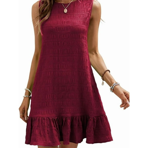 Women'S Ruffle Hem Sleeveless Tank Dress Round Neck Casual Smock Summer Mini Dresses Wine Red L