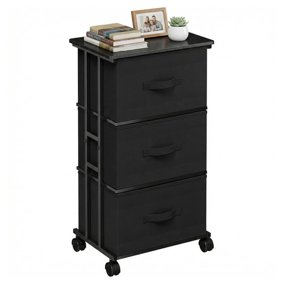 CONCETTA Movable Fabric Dresser with 3 Drawers, Storage with Wheels for Bedside, Home Office, Black