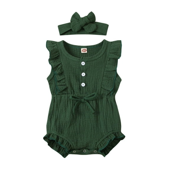 TOOYOU Girls Romper Kids Baby Jumpsuit Headband Ruffle Button Sleeveless Set Jumpsuit Holiday Pajama Playsuit Bodysuits For Toddler ,Size 0-6 Months Green