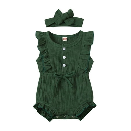 

Kids Baby Jumpsuit+Headband Ruffle Button Sleeveless Set Girls Romper Girls&Jumpsuit
