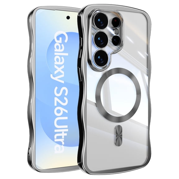 Magnetic For Samsung Galaxy S25 Ultra Phone Case,Cute Wavy Frame,Compatible with Mag-safe,Ultra Slim Shockproof Anti-fall Protection,Rugged Durable Electroplated Bumper Thin Phone Case,Silver